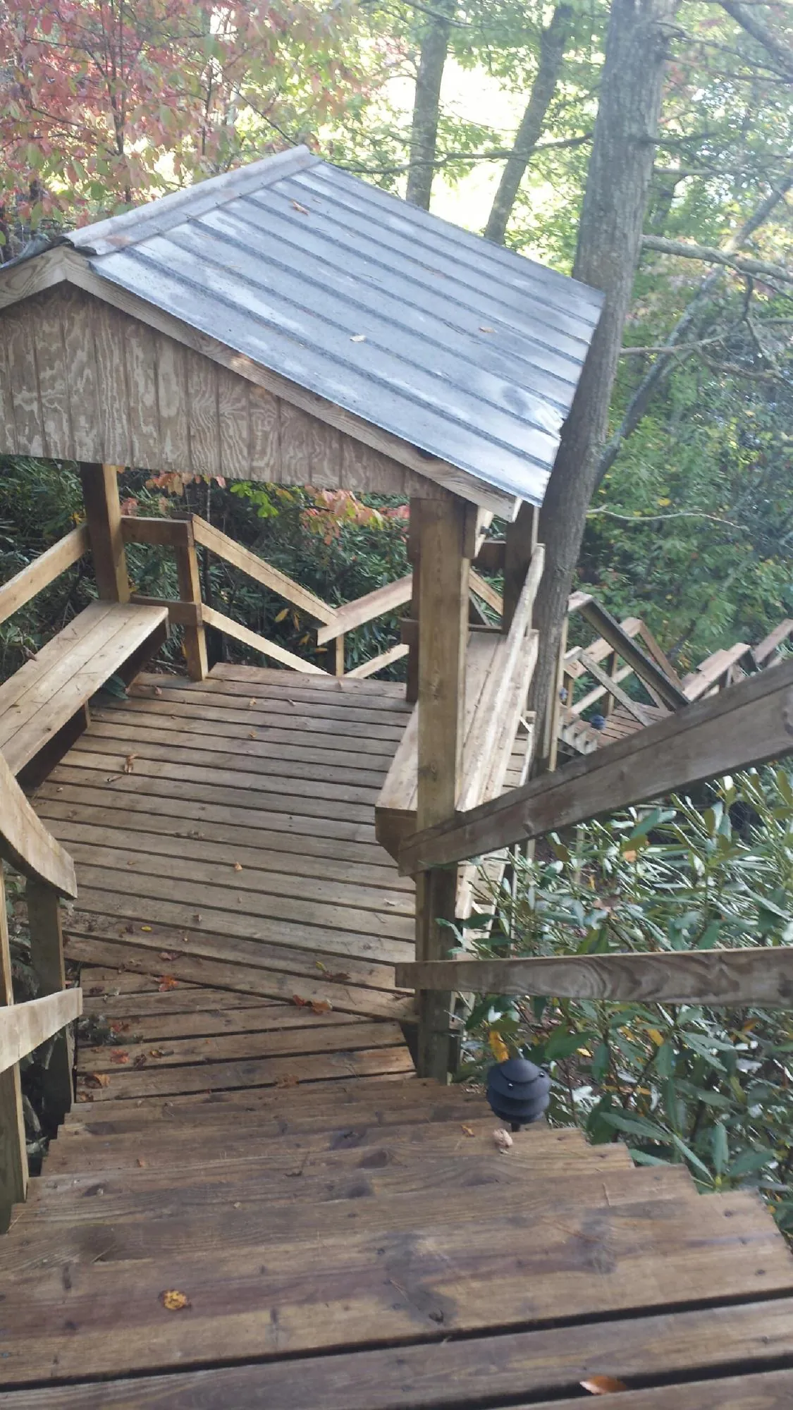 Metal roofed shelter over wooden steps on a wooded walkway — Skylight Repair & Installation work by our crew in Laurier